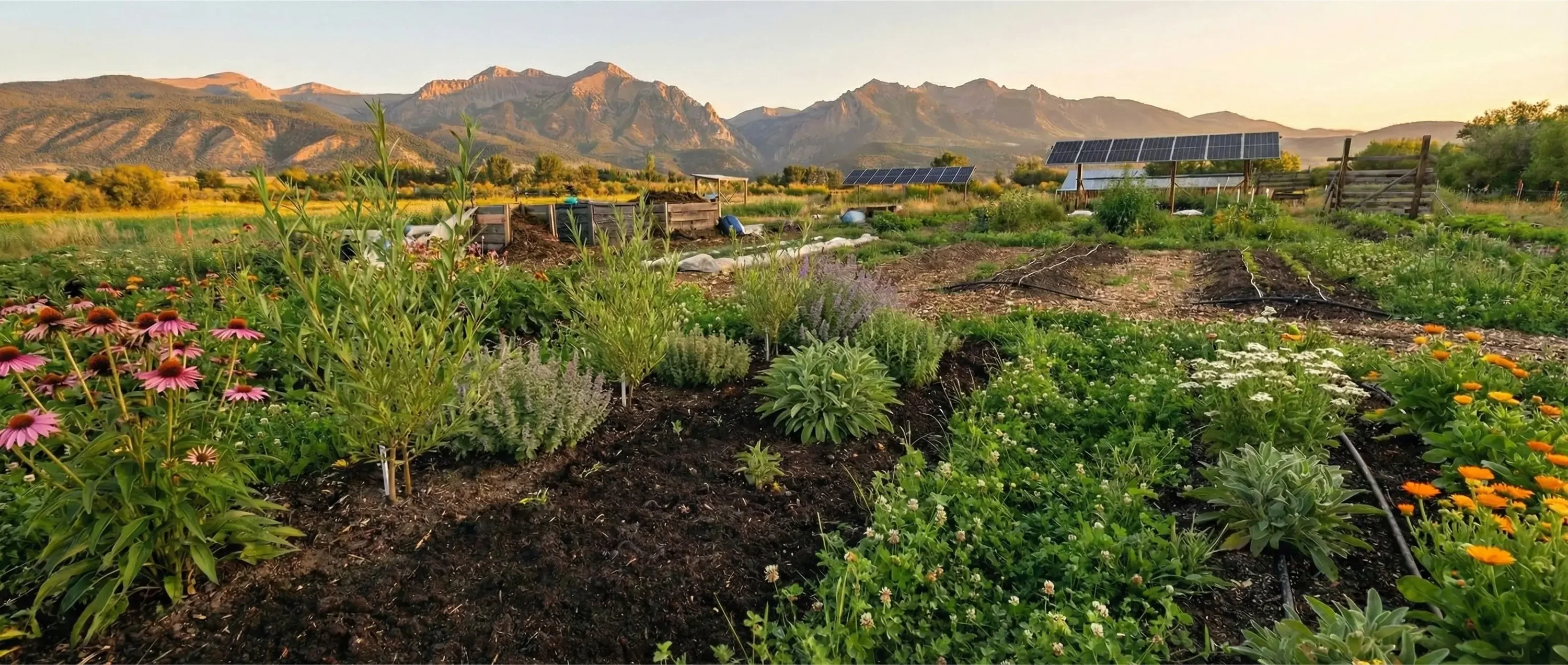 regenerative herb farm row with solar panels for water pumps
